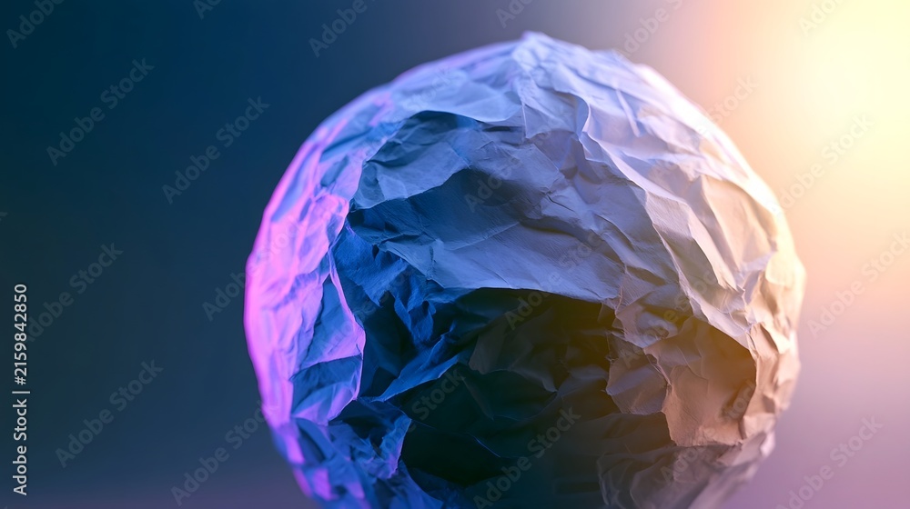 Fototapeta premium A crumpled paper sphere illuminated by vibrant blue and warm orange light against a gradient background