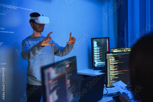 Developer teamwork use ai coding development software discussion with virtual reality device