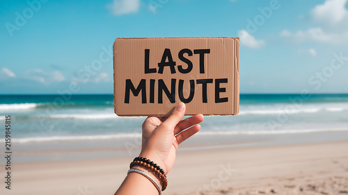 Close up of a hand holding a cardboard sign with the phrase LASTMINUTE on a tropical