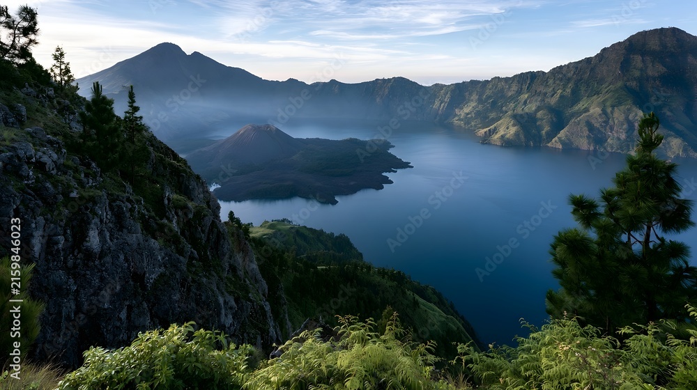 Obraz premium A serene volcanic crater lake surrounded by rugged mountains under a soft morning sky with misty atmospheric depth