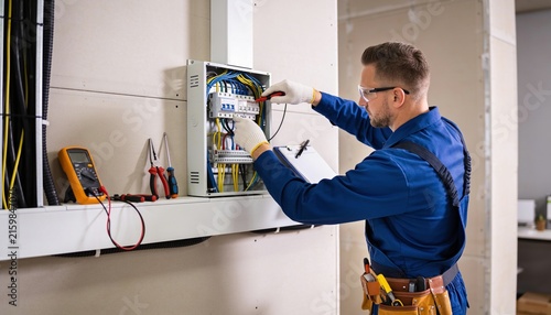 Working electrician fixing panel wiring in workroom, wearing blue coveralls and gloves, copy space