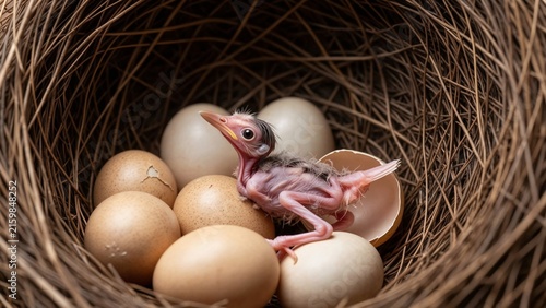 Animal - Newborn hatchling bird in a woven nest with eggs