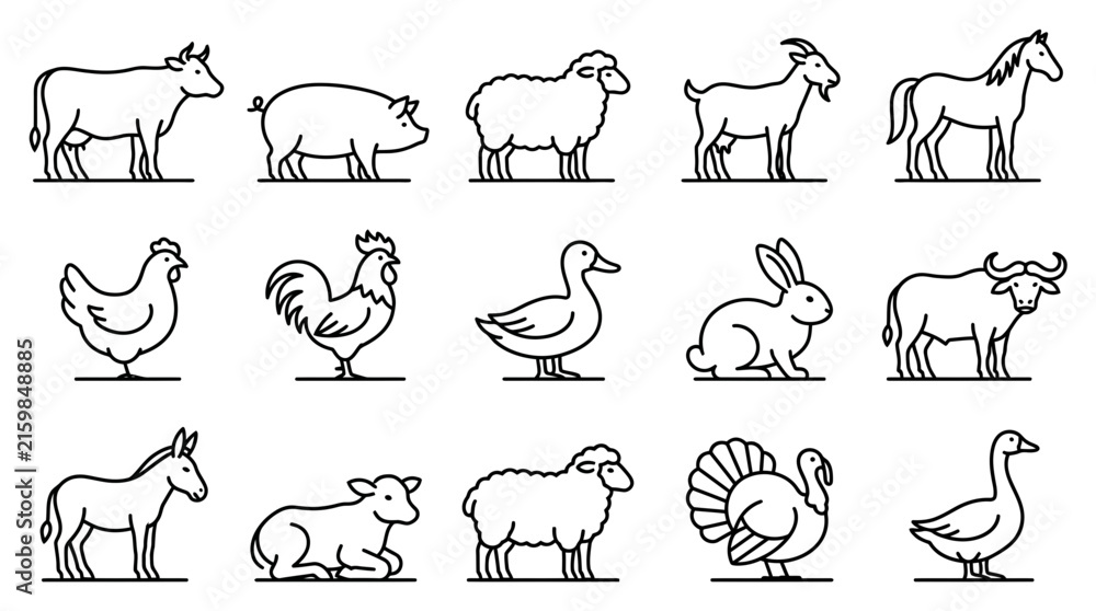 Obraz premium Farm Animals Icon Set, Livestock and Poultry Vector Collection, Cute Barnyard Creature Graphics for Agriculture and Countryside Themes