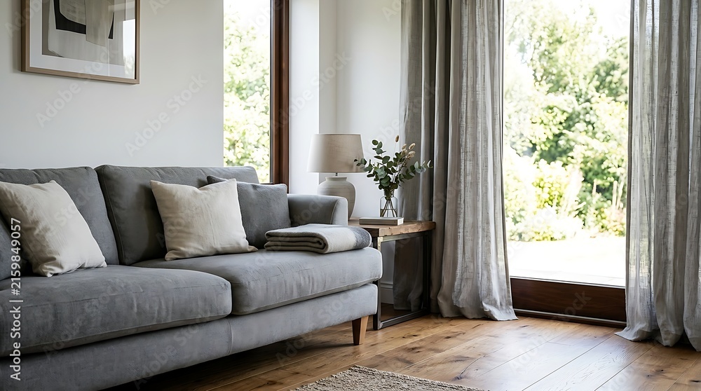 Fototapeta premium Bright Living Room Interior with Nature View Through Large Window