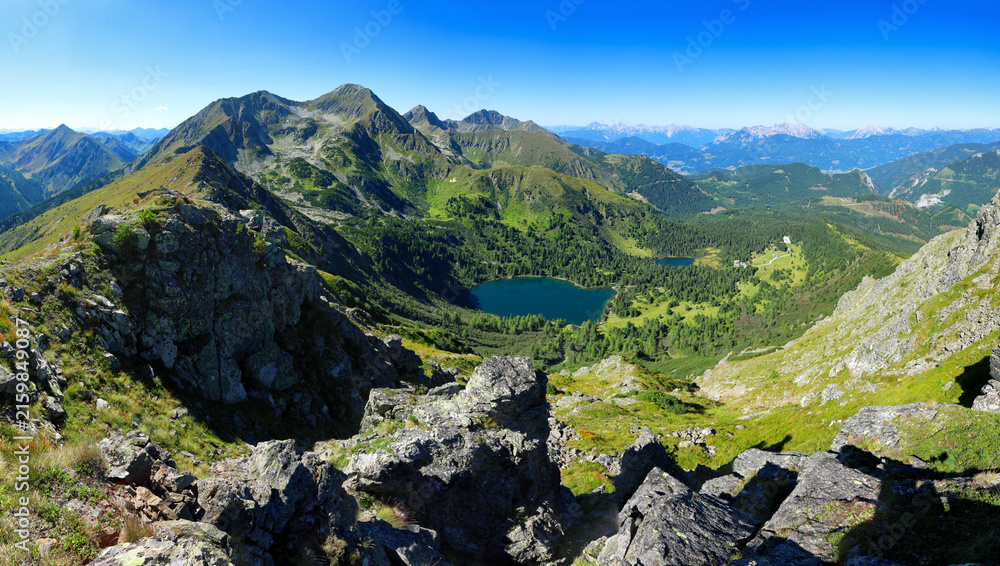 Naklejka premium Lake Grosser Scheibelsee from distance and peak Grosser Bösenstein on horizon in the Hohe Tauern Mountains, Austria