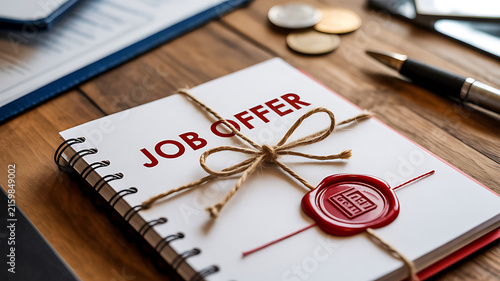 Job offer notebook tied with twine and sealed with a red wax seal on a wooden desk Keywords: job