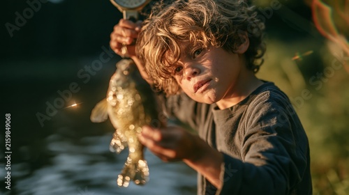 Young boy proudly holding freshly caught fish, celebrating success and outdoor adventure by the water