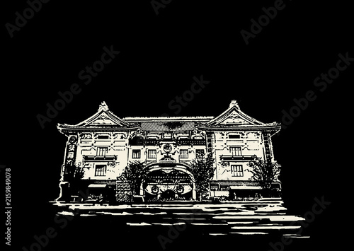 モノトーンの日本の風景 歌舞伎座のイラスト 黒背景 コピースペースあり
