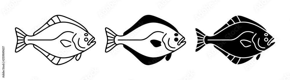 Fototapeta premium Flatfish Vector Icons, Halibut and Sole Silhouettes, Seafood and Marine Life Graphics