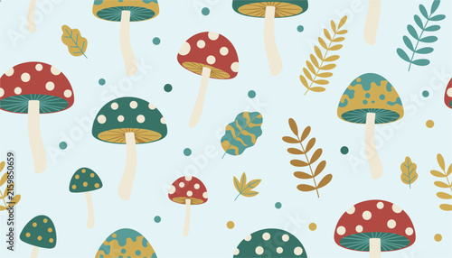Whimsical forest seamless pattern featuring colorful mushrooms, fern leaves, and fall foliage on a blue background.