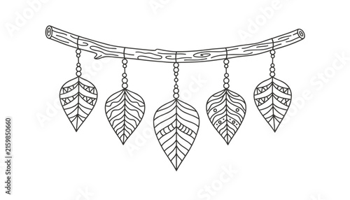 Delicate black and white outline illustration of ornamental patterned leaves hanging from a natural wood branch.