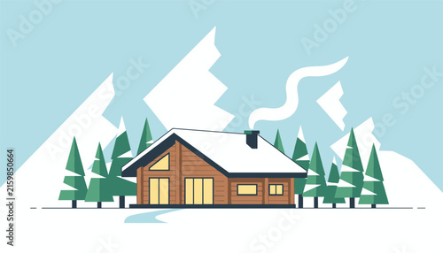 Cozy wooden log cabin in a serene snowy mountain landscape surrounded by green pine trees with smoking chimney.