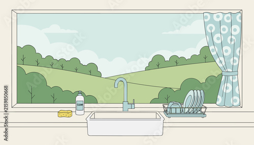 Beautiful line art illustration of a kitchen sink by a window looking out to a vast hilly landscape with trees.