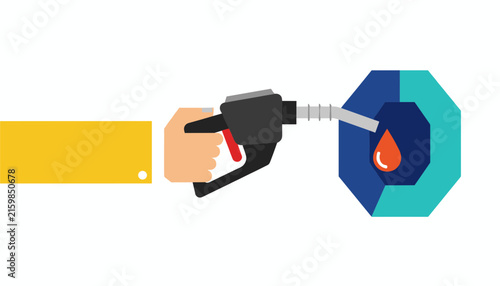 Flat vector illustration of a hand holding a fuel pump nozzle inserting it into a car gas tank during refueling.