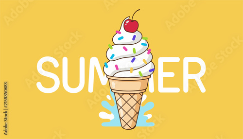 Delicious white soft serve ice cream cone decorated with colorful sprinkles and a red cherry under the text Summer.