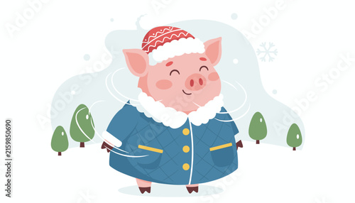 Adorable pink piglet wearing a warm blue winter coat and red hat dancing happily in a snowy forest during winter.
