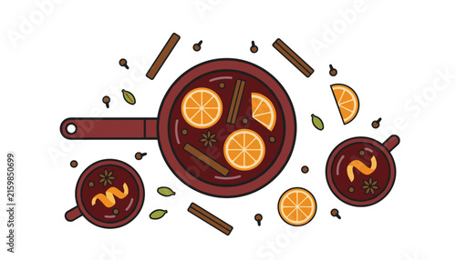 Overhead view of a pot and two cups of festive mulled wine surrounded by orange slices, cinnamon, and cloves.