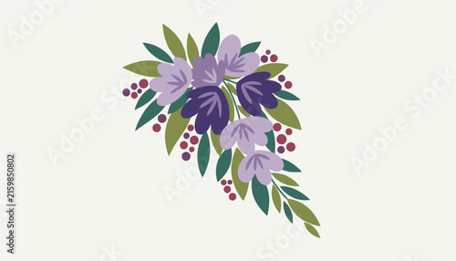 Beautiful bouquet of blooming violet and purple flowers with green leaves and small red berries on a clean background.