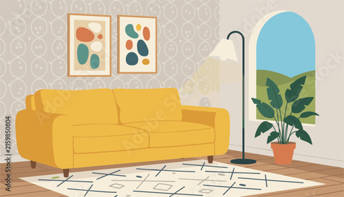 Modern living room interior features yellow sofa, abstract wall art, floor lamp, potted plant, and arch window view.