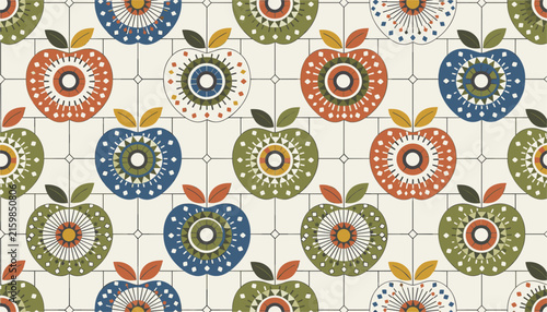 Colorful stylized apples decorated with Scandinavian folk art ornaments form a seamless pattern on light background.