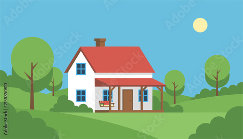 Charming white house with red roof stands on green rolling hills under bright sunny sky in peaceful countryside.