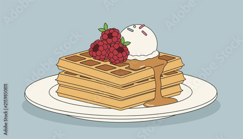 Delicious stacked waffles topped with fresh raspberries, vanilla ice cream, sprinkles, and sweet caramel syrup.