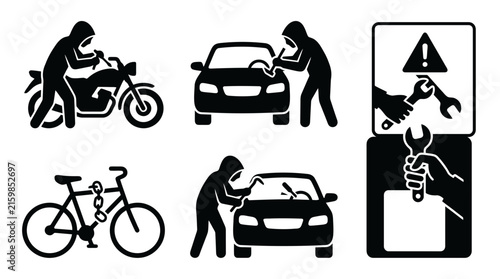 Vehicle theft and auto repair security icons set vector illustration