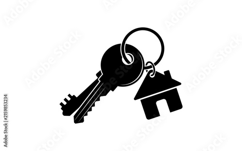 Keys with house shaped charm form a black silhouette on a white background