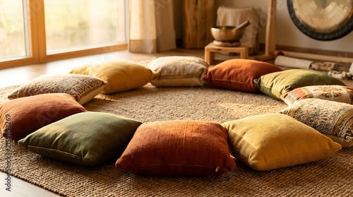 Circle of Meditation Pillows for Group Therapy or Yoga Session in Zen Studio
