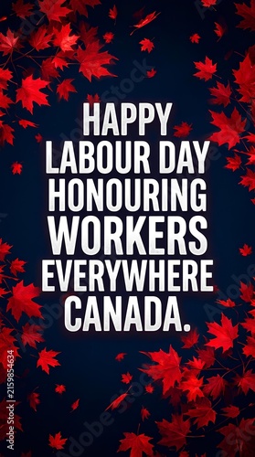 Labour day card with red maple leaves frame on dark vertical background