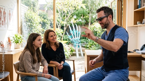Doctor explaining diagnosis to mother and daughter using augmented reality smart glasses in modern clinic