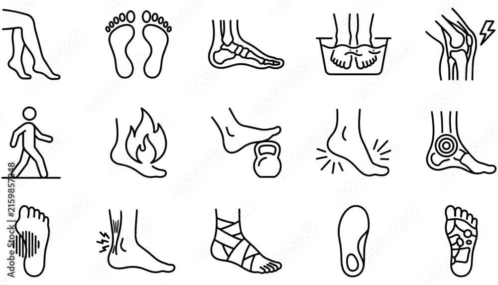 Obraz premium Orthopedic podiatry and lower limb therapy line icon set featuring foot pain injury bandage massage and medical elements