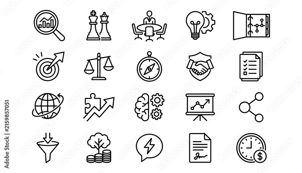 Fototapeta premium Business management and corporate strategy line icon set featuring analysis planning teamwork growth and finance elements