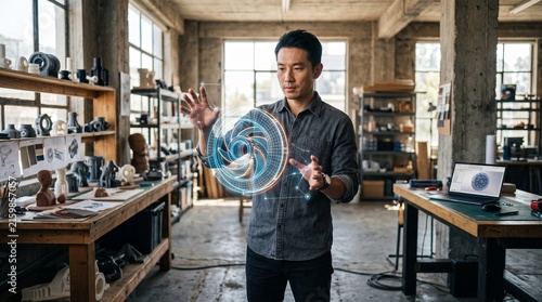 Asian engineer working on a futuristic holographic projection in a modern industrial workshop