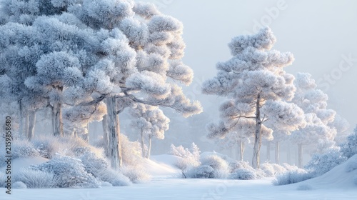 Winter forest scene with frosty trees