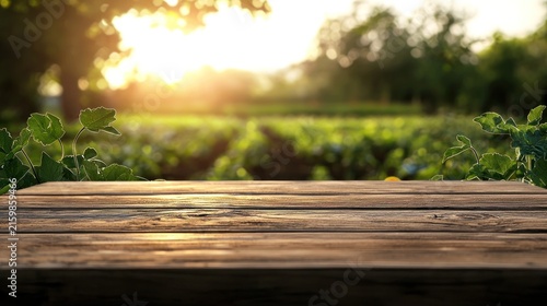 Wooden table with green field at sunset