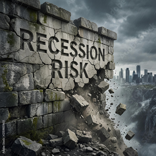 Cracking stone wall with recession risk text overlooking city.