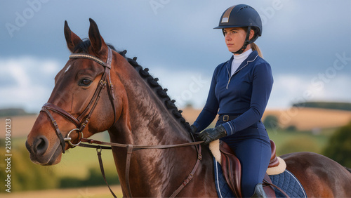Elegant equestrian portrait of a focused female rider on a powerful dark bay horse against a scenic countryside backdrop