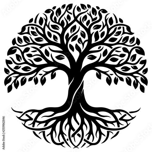Circular Tree with Roots and Leaves Graphic Illustration