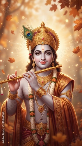 Lord Krishna Among Falling Autumn Leaves – Warm Seasonal Devotional Art
