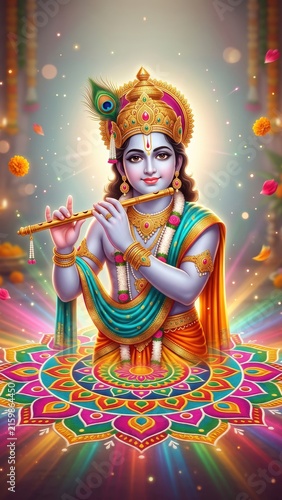 Lord Krishna with Colorful Rangoli Mandala – Vibrant Hindu Festival Art
