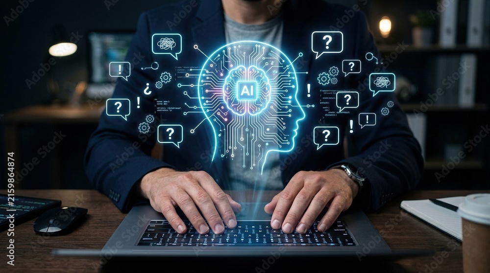 Fototapeta premium User typing on a laptop with a glowing artificial intelligence brain hologram.