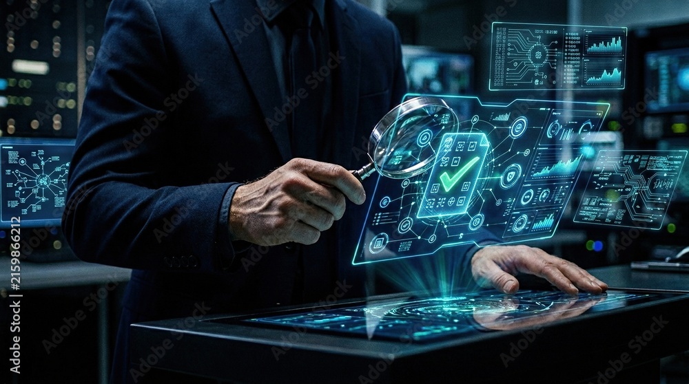 Fototapeta premium Businessman analyzing data security on a futuristic digital screen.