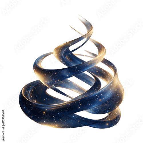 Abstract 3D cosmic blue and gold swirl ribbon with starry texture isolated on white transparent background