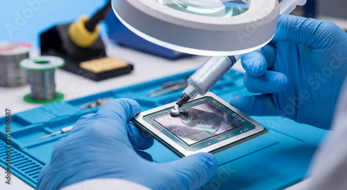 Technician applies thermal paste to a computer processor with precision