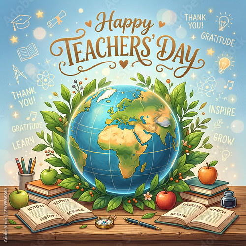 Earth globe with books and apples for Teachers' Day.