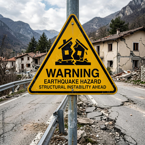 Earthquake hazard warning sign on damaged road.