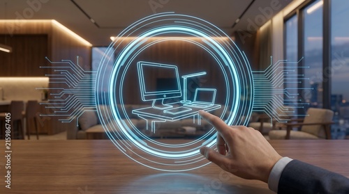 Professional worker touching digital computer workstation hologram for remote work and tech connectivity