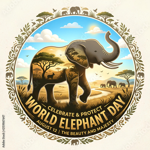 Elephant silhouette with savanna landscape for world elephant day.