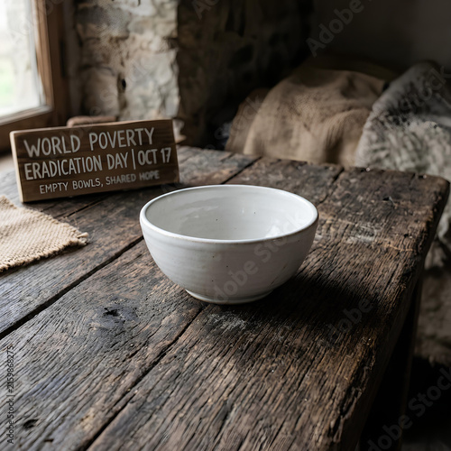 Empty white bowl on rustic wood table for poverty awareness.